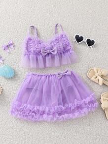 SHEIN Leap Crew 2 件套年轻女孩泳衣，带网眼荷叶边上衣和下装 - 紫色 - 查看 2