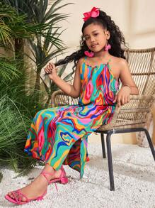 SHEIN Leap Crew Tween Girl Geometric Pattern Woven Sleeveless Dress, Suitable For Vacation And Casual Wear In Spring/Summer - Coral Orange - View 4