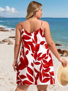 SHEIN VCAY Plus Size Vacation Tropical Island Casual Western Plant Shadow Print Spaghetti Strap V-Neck Short Loose Dress South Beach Outfits Summer Outfits For Women European Summer Western Wear Women Cute Summer Outfits Beach Outfits Boho Women Clothing Vacation Outfits Woman Resort Wear Women Hippie Clothes For Women Easter Outfit Women Rave Outfits Country Concert Outfit Nashville Outfits Outfits Ibiza Outfits Old Money,Beach Dress Sundress,Holiday Outfits - Red and White - View 2
