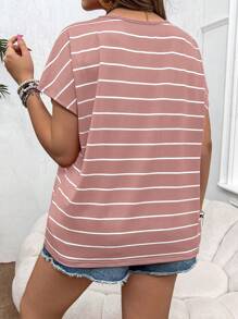 SHEIN VCAY Plus Size Holiday Rainbow Striped Short Sleeve Crew Neck T-Shirt - Pink - View 2