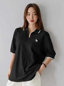 Dazy-Less Women Summer Colorblock Horse Embroidery Pattern Polo Neck T-Shirt Old Money Style Business Casual Woman Work Clothes