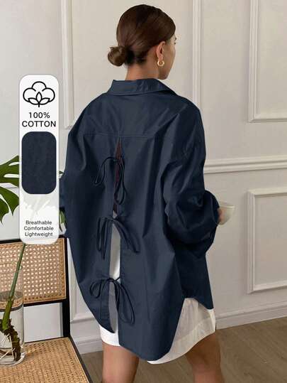 Livesso بلوزة نسائية كاجوال بأكمام طويلة وفضفاضة مع ياقة مفتوحة من الخلف وربطة، ملابس علوية بأكمام طويلة، ملابس خريفية