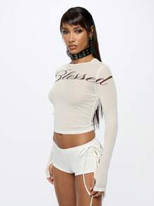 SUMWON WOMEN 脚本长袖网眼短款上衣 Y2K 时尚个性衬衫，带领带装饰，节日俱乐部派对，冬季秋季休闲装 - 白色 - 查看 5