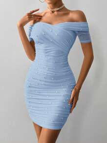 Firerie Women Fitted Open Shoulder Short Sleeve Beaded Bodycon Dress