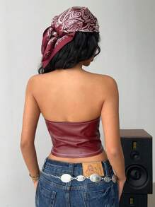 SHEIN Essnce Burgundy Autumn Girly Night Club Women's PU Leather Bandeau Top,Minimalist Fish Bone Design Ruched Tube Top For Party Valentine's Day & Date Night - Burgundy - View 9