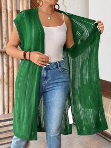 SHEIN LUNE 大码女式无袖镂空长款开衫，轻便，休闲，适合度假、通勤和圣帕特里克节，春夏季 - 綠色 - 查看 6