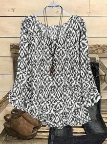 EMERY ROSE Plus Size Casual Vacation Full Print Flare Sleeve Shirt - Black - View 1