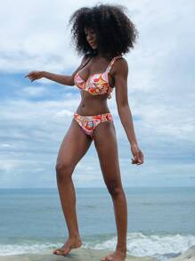 Vaytide Set de 2 piezas de bikini con estampado gráfico y copas duras con cordones para mujeres, ideal para el verano y vacaciones en la playa - Multicolor - Ver 3