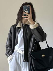 DAZY 女式 PU 皮革和仿羊毛拼布夹克，秋季女装