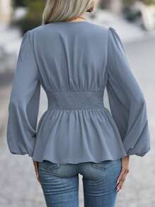 SHEIN Clasi 灯笼袖衬衫，腰部褶饰和荷叶边下摆荷叶边上衣