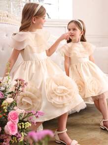 SHEIN Young Girl 2pcs Set: Cute Woven Mesh Organza Shawl & Woven Jacquard Sleveless Elegant Dress Outfit, 3D Rose Flower & Back Big Bow Decor,Spring/Summer Ramandan Style,Suitable For Girls Daily Wear, Festivals