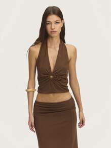 SHEIN Unity Cut Out Tie Backless Sexy Halter Top. Spring Tops - Brown - View 6