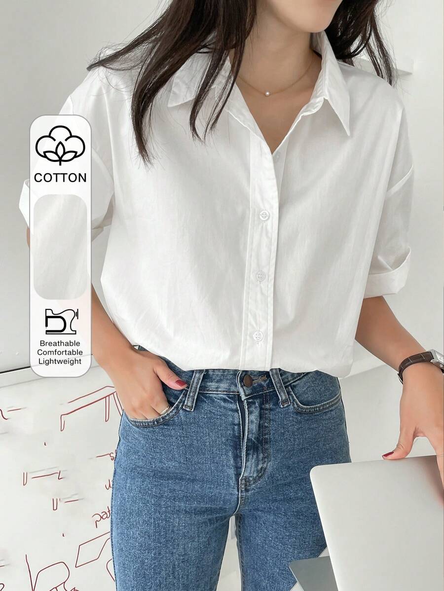 DAZY Versatile Solid Color Short Sleeve Button Down Shirt, Business Casual - White - View 1