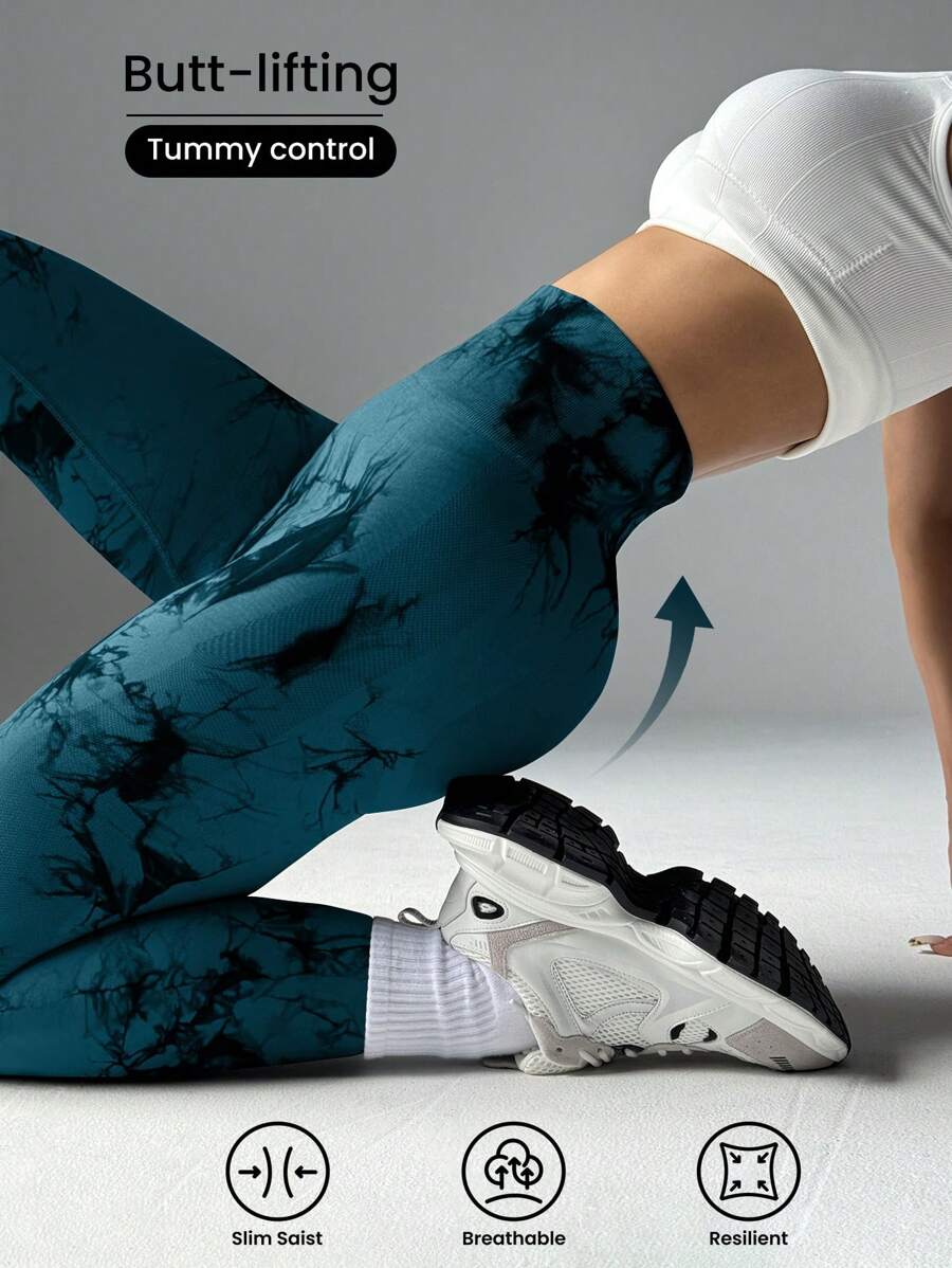 SHEIN Core Rhythm 扎染无缝高弹力运动紧身裤 Sport Studio 高腰无缝修身女式紧身裤 - 弹性柔软触感透气四向弹力紧身裤，适合跑步、骑行、瑜伽、泡菜球运动、休闲 - 彩色 - 查看 1