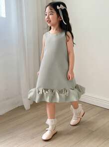 DAZY 女童圆领无袖蕾丝拼接公主裙，奢华派对礼服 - 淺灰色 - 查看 5