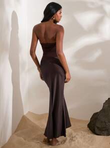 Opulessa Solid Color Knitted Bandeau Mermaid Dress For Women - Coffee - View 2