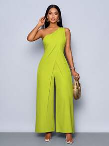 SOLERSUN 女士春夏时尚日常单肩无袖开衩阔腿连体裤 - 綠色 - 查看 4