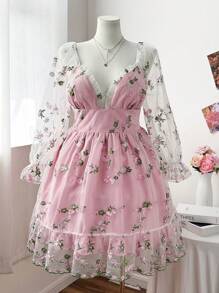 Sweetra Lace Embroidered Sweet V-Neck Cinched Waist Midi Dress - Multicolor - View 6