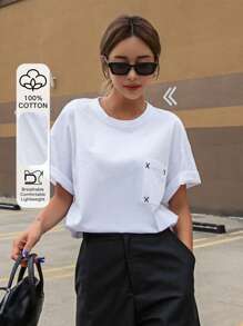 DAZY Embroidery Pocket Patched Drop Shoulder Tee Summer Preppy Tops - White - View 1