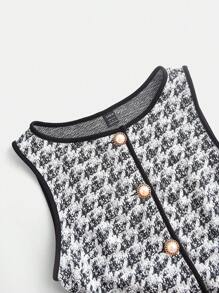 SHEIN MOD 1件女士千鸟格单排扣复古针织上衣 - 黑與白 - 查看 4