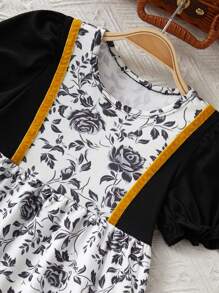Baby Girls Black Floral Print Pattern Short Sleeve A-Line Midi Dress, Comfortable - Black - View 4