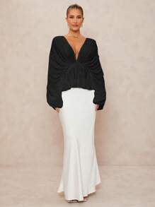 Lumalex 女士宽松荷叶边下摆深 V 领超大长袖衬衫