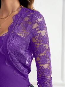 SHEIN Clasi 秋冬女士纯色透视蕾丝前开襟短款夹克 - 紫色 - 查看 8