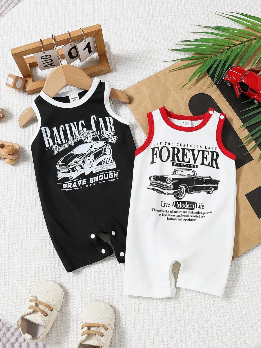 2 件装新生儿夏季复古老式汽车印花无袖连体衣套装 - 彩色 - 查看 1