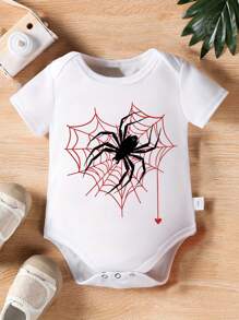 3件套男婴休闲创意蜘蛛网和蜘蛛图案印花圆领短袖连体衣，亲子装（单独出售） - 白色 - 查看 3