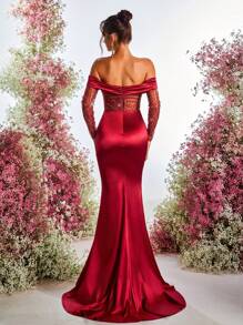 Glamrae 优雅奢华露肩亮片拼接弹力针织美人鱼裙，适合婚礼、派对、俱乐部、度假、宴会、婚礼宾客礼服、正式礼服、晚礼服、长袍 - 酒紅色 - 查看 3