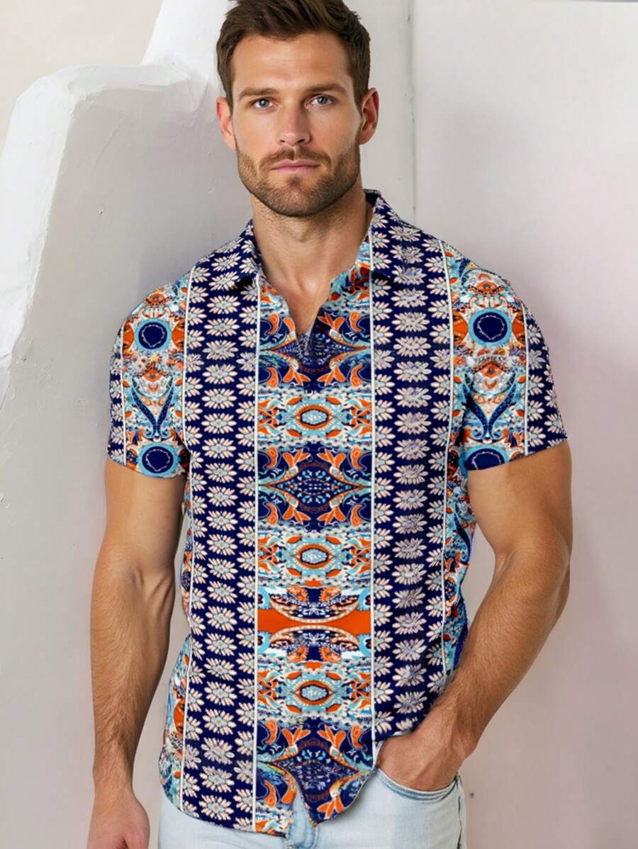 Manfinity VCAY Men's Bohemian Style Geometric Print Short Sleeve Casual Shirt - Multicolor - View 1