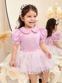SHEIN Babygirl Cute & Elegant Pink Peter Pan Collar Blouse And Mesh Skirt 2pcs Set - Pink - View 1