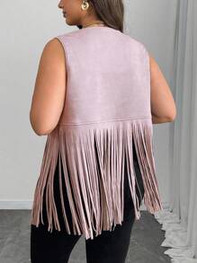 SHEIN Holidaya Plus Size Women Solid Color Splice Tassel Design Open Front Sleeveless Jacket