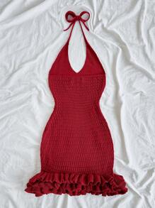 Soleia Vacation Backless Ruffled Halter Sweater Dress - Red - View 2