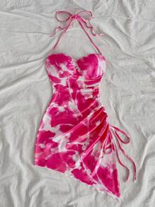 Soleia Vacation Casual Halter Drawstring Asymmetric Hem Tie-Dye Bodycon Dress - Pink - View 7