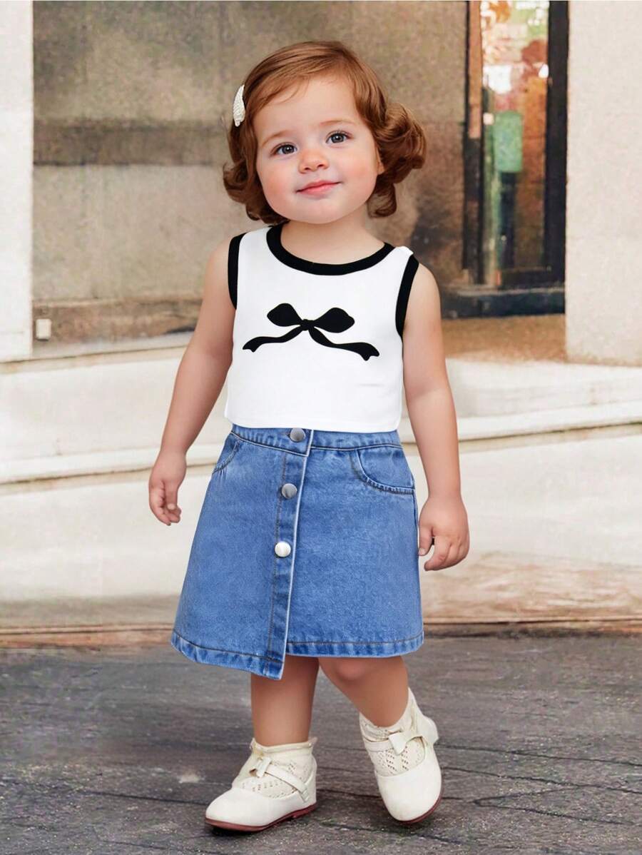 女婴蝴蝶结印花上衣和吊带裙 2 件套 - 白色 - 查看 1