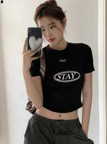 DAZY Letter Graphic Crop Tee Y2k Festival - Black - View 8