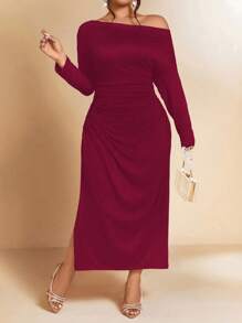 Cravure Đầm thanh lịch cổ không đối xứng màu trơn cỡ lớn cho nữ - Màu Đỏ Sâu - Xem 6