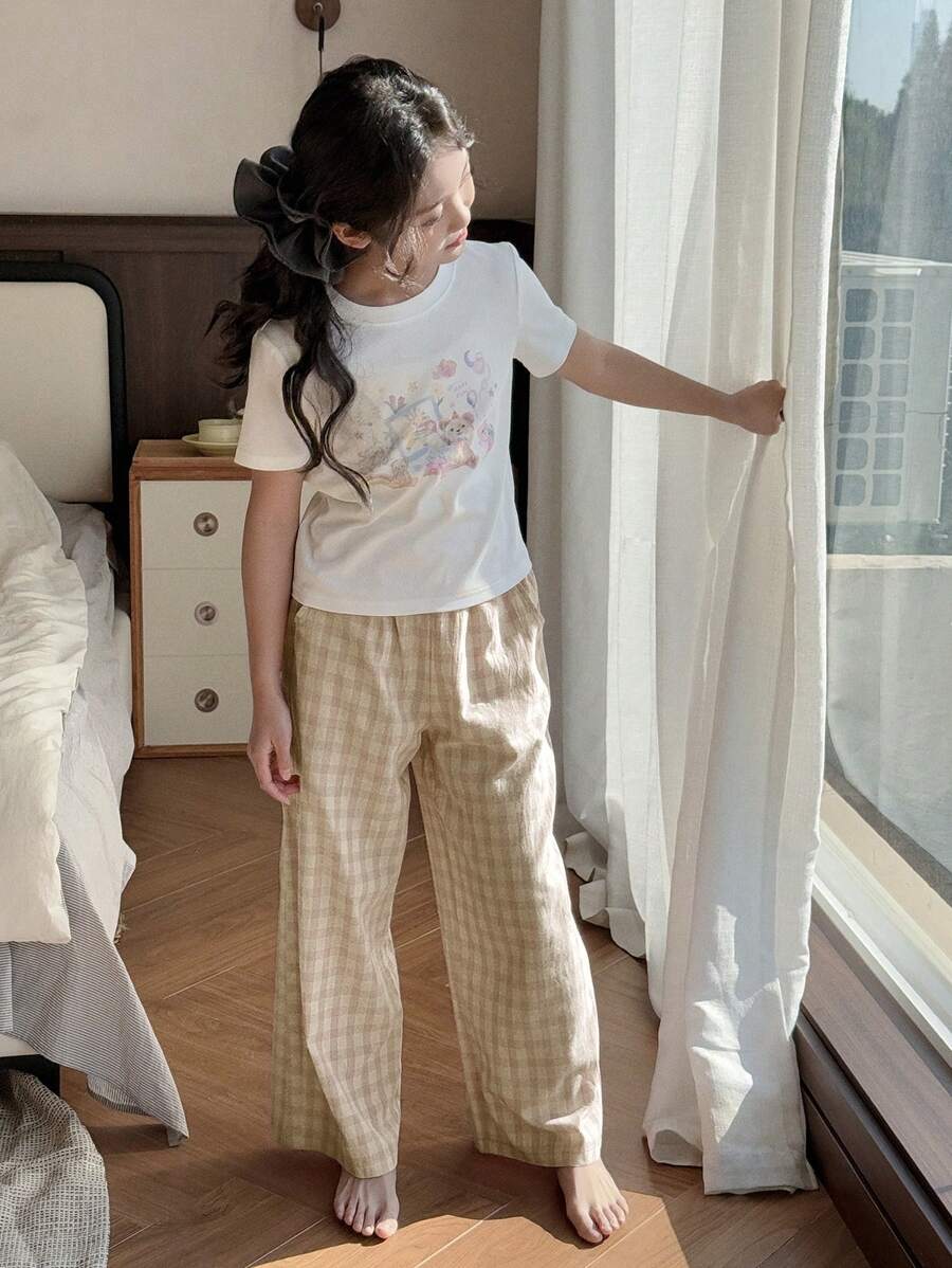 DAZY 2 件套 Tween Girl 女童花卉印花圆领短袖上衣和下装套装,适合春夏秋冬 - 棕色 - 查看 1