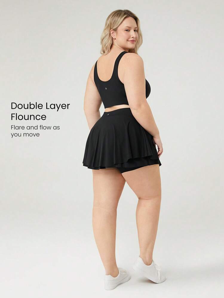 FeatherFit™-Air Große Größen Schicht-Look rutschfester Oberschenkel-freundlicher Kurzrock mit Volants und eingebauten Shorts mit Seitentaschen für Yoga und Alltag
