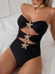 Aveloria Modichic 女士纯色细肩带海滩度假腰部镂空金属海星设计连体泳衣，夏季新品 - 黑色 - 查看 1