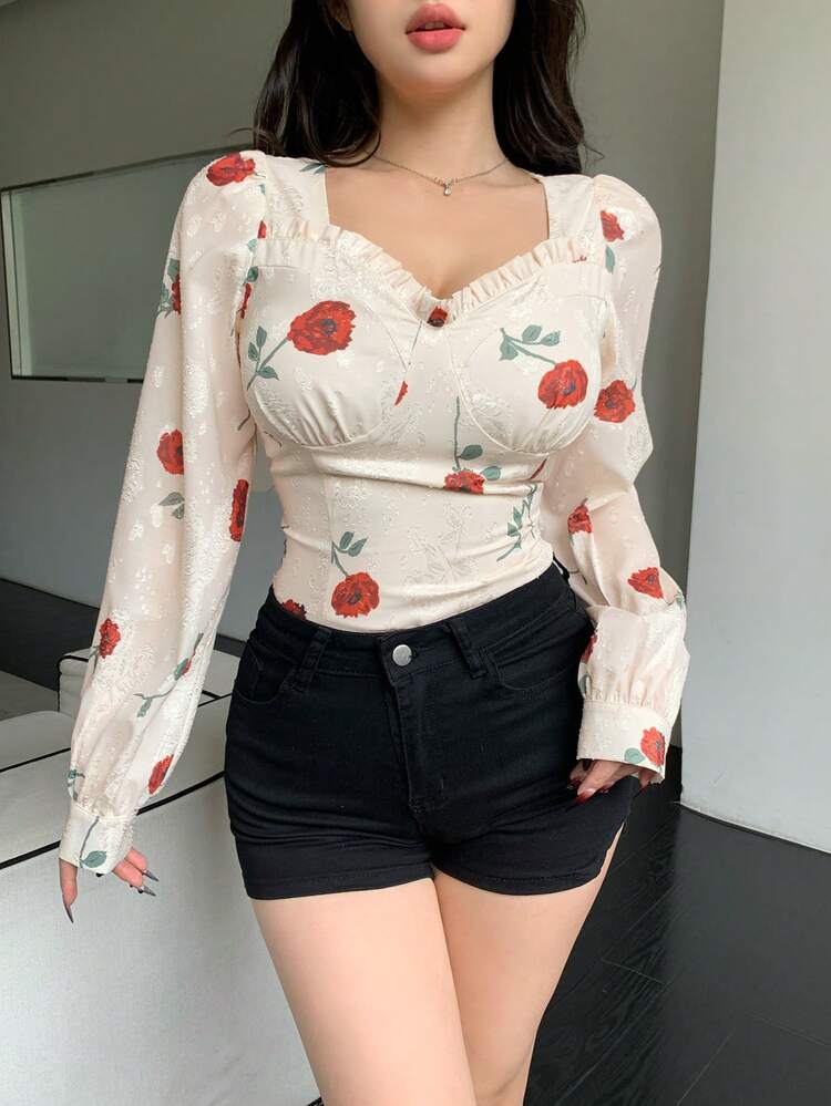 Floral Print Long Sleeve Form-Fitting Women's Shirt, Casual & Vacation Style, Summer