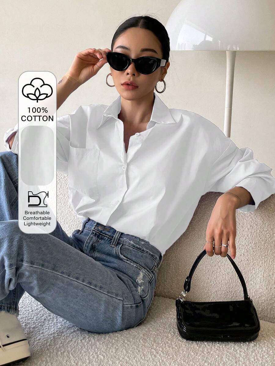 DAZY Button Through Pocket Front Drop Shoulder Shirt,Long Sleeve Tops,Back To School Clothes Fall - White - View 1