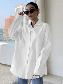 DAZY Button Through Pocket Front Drop Shoulder Shirt,Long Sleeve Tops,Back To School Clothes Fall - White - View 6