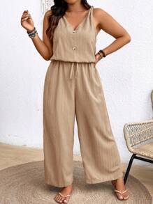 SHEIN Frenchy 大码 Earthy Clothes 纹理绉纱吊带连体裤，带蝴蝶结腰部和 V 领 - 卡其色 - 查看 6