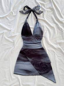 Soleia 性感复古渐变色露背 V 领网眼褶皱不对称下摆浪漫迷你假日连衣裙，女士夏季春季海滩装 - 灰色 - 查看 3