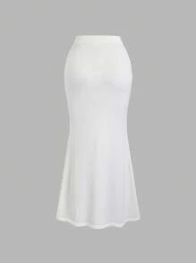 Sweetra Spring/Summer New White Knit Bowknot Decor Cute Elegant Fitted Vacation Style Maxi Knit Fishtail Skirt - White - View 2