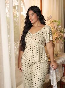Côtesoire Plus Size Polka Dot Print Elegant Lace Patchwork Pajamas Set - Black and White - View 2