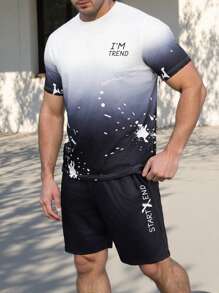 Manfinity Homme Plus Size Men's Round Neck Short Sleeve Letter Print Casual Top And Shorts Set