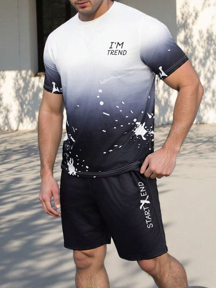 Manfinity Homme Plus Size Men's Round Neck Short Sleeve Letter Print Casual Top And Shorts Set